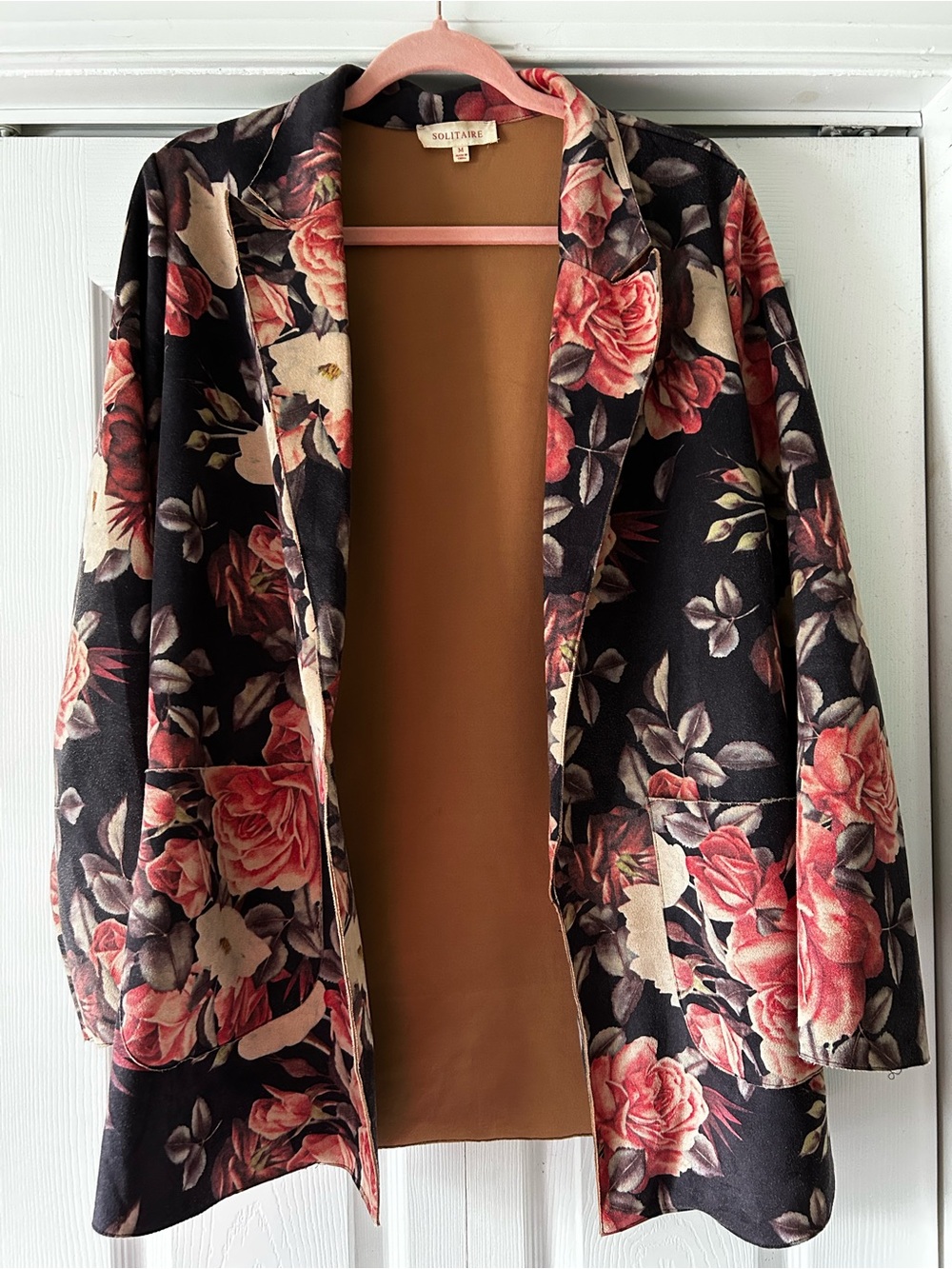 Solitaire Black Floral Open-Front Blazer with Rose Print